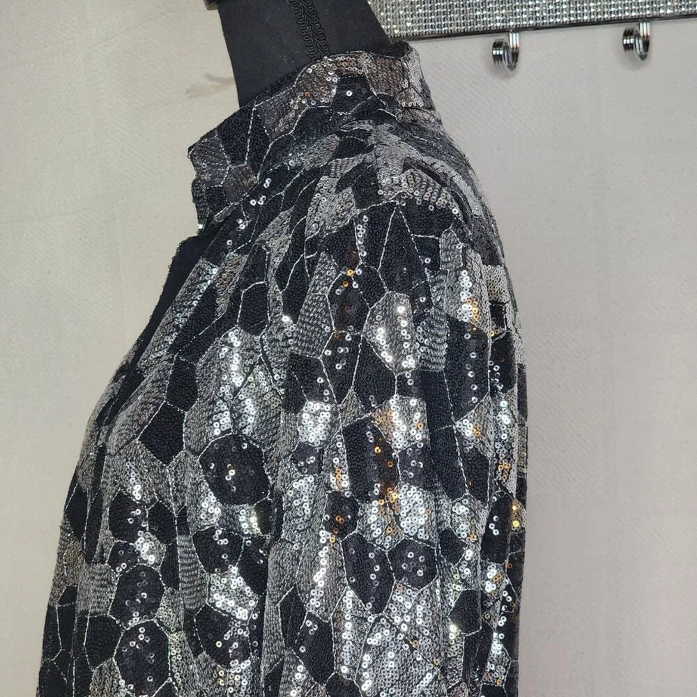 Chico's Black Silver Sequin Twilight Dazzle Tropez Poly Jacket Sz Chico 3 US XL - Picture 10 of 16